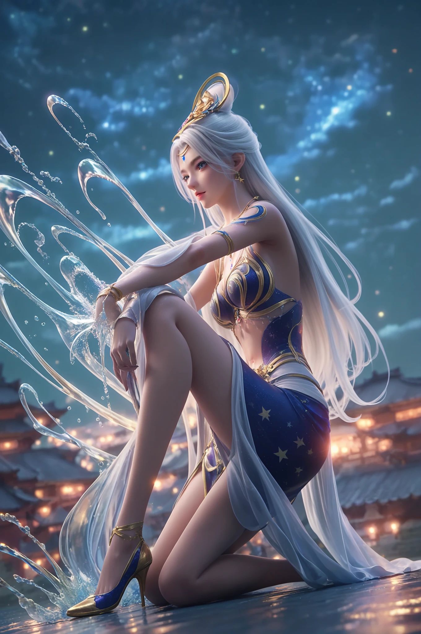 Woman in transparent dress,Viewer,(((Full breasts, Keeley University))),Slim waist,(Navel exposed,Bare waist), Long hair, extreme detailed details, Detailed fantasy art, Stunning character art, Beautiful and exquisite character art, Beautiful transparent dress, Very detailed, Girl wearing flowing Hanfu, Exquisite headpieces and jewellery,Crystal jewelry filigree, galaxy, Stunning visuals, (Dynamic Stripes, light rail:1.2), Vibrant colors,Long hair动漫女孩和狐狸, 美丽的白金色Angel女士, 白毛Angel, Beautiful character painting, Beautiful anime portrait, Angel翅膀的女孩, a beautiful Angel woman, Mystical artwork, Guweiz, by Ren Renfa, Angel, Large Breasts，Full breasts，Golden ratio figure，Perfect body，Ultra wide-angle shooting，Full body shot，Body close-up，Full body shot，Wearing a pleated tulle skirt，Soft anime illustration, Soft dark background，Fujifilm XT3 Clear focus, f 5.6, High Detail, Clear focus, Dramatic, (Wearing openwork clothing), (Looking at the audience:1.8), (Natural light), (Tempting)translucent, Good velvet quality, Compared, Divine Light,, Silver gray hair, Sky background, Absolute Strength,女性Angel，Girl in sexy silk,，Large Breasts，Full breasts，Golden ratio figure，Perfect body，Ultra wide-angle shooting，Full body shot，Body close-up，Full body shot， Wearing a tulle dress, Model shooting style, Large Breasts，Full breasts，Golden ratio figure，Perfect body，(Extremely detailed CG 8k wallpaper unit), The most beautiful artistic photos in the world, , 8K Ultra HD, ) On the big white bed，Lazy gesture，Charming and seductive expression，best quality,masterpiece,Ultra-high resolution,(Practical:1.4),original photo,Ultra-high resolution，White skin，Exquisite makeup，Long legs，Bright beautiful eyes，用深色眼影打造Exquisite makeup，