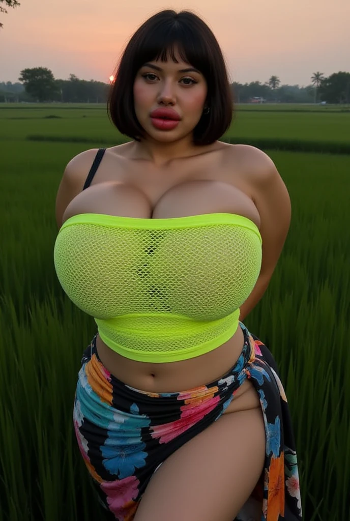 (best quality, ultra-detailed, realistic:1.37), professional, beautiful detailed eyes, beautiful detailed lips, detailed facial features, natural skin tones, perfect skin texture, delicate facial expressions, image in high resolution, realistic face, realistic skin, plain face, natural smile, highly detailed hair, (Meera), 35yo, (an Asian-European woman), embarks on an adventure in nature, dressed in comfortable outdoor attire. She wears a hiking outfit, complete with a backpack and a hat, as she explores a scenic trail. The high-resolution image captures ultra-detailed realism, highlighting Meera's captivating eyes, radiant smile, and flawless complexion. The picturesque landscape adds to the beauty of the scene, showcasing Meera as an adventurous nature lover.sexy,((cleavage)),different angle, different color for dress,((plus size:1.3)),half body ,plus size body,big ass,(trekking clothes ),walking on water,green red dress, swimming in the stream,(yellow color dress:1.3)