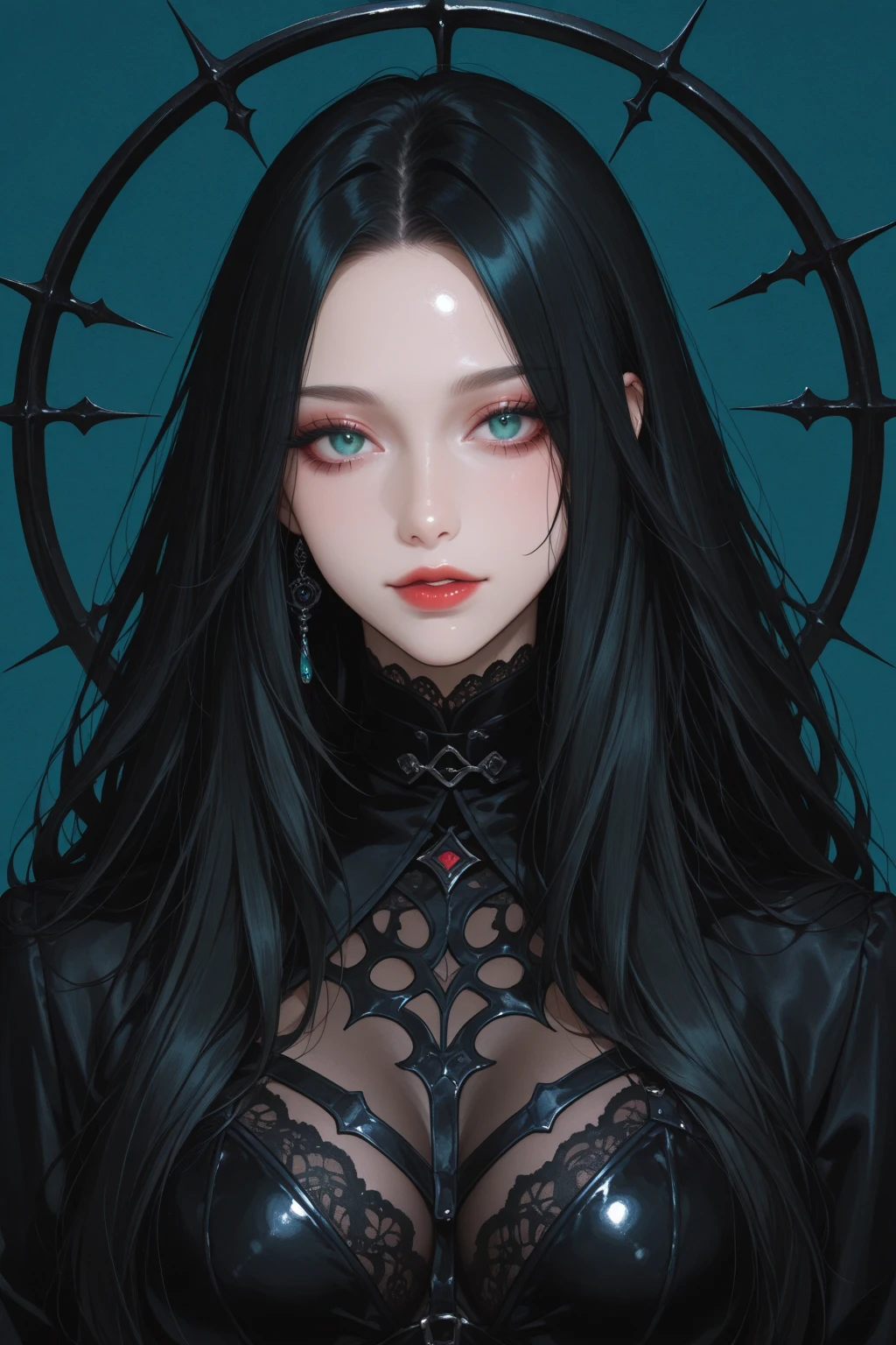 Create a photo realistic hyper realistic heavily tattooed goth girl, perfect face, thin curved black eyebrows, long luscious eyelashes, black eyeliner, black eye shadow,curved lips, thick black lipstick, half shaved long luscious black hair, black lace choker collar, golden ratio body, black corset, black thong,
