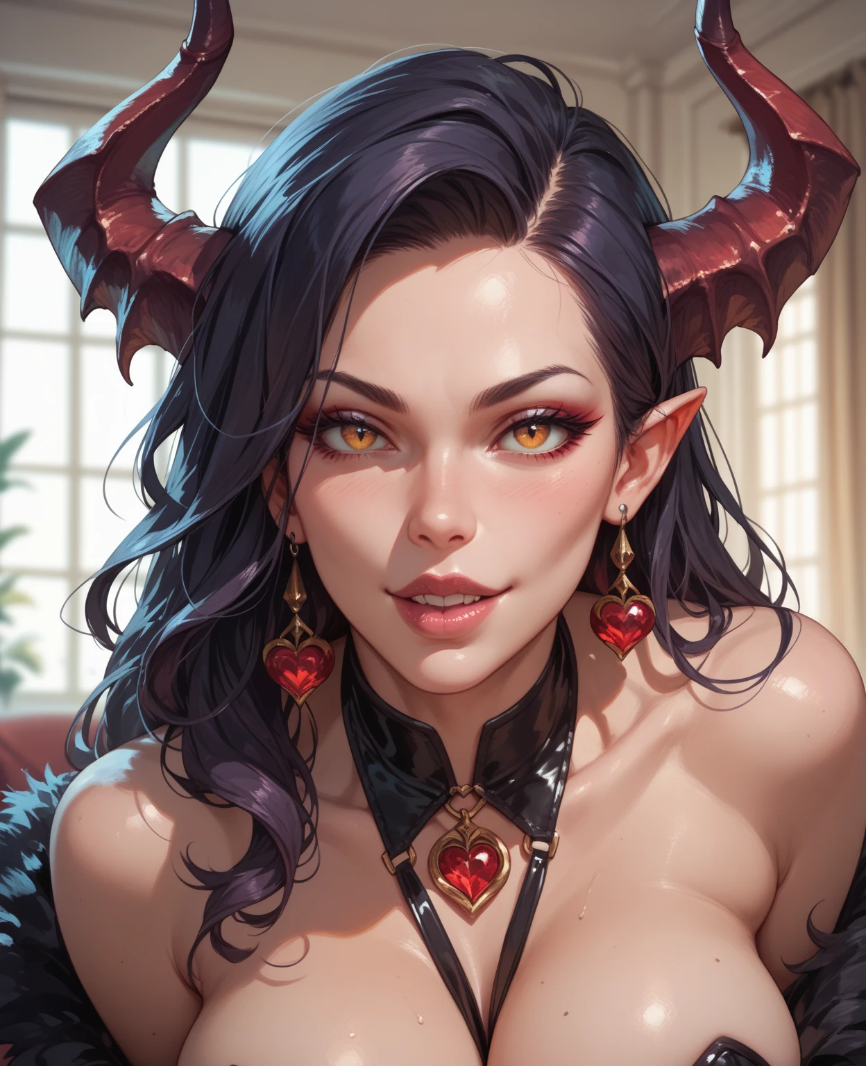 ((Best quality)), ((masterpiece)), (detailed: 1.3)
Beautiful woman, one girl, very detailed eyes, very detailed hair, very detailed clothes, very detailed face, 20 years old girl
((Red eyes)), ((glowing eyes)), ((black hair)), straight hair, medusa hairstyle)), ((elf ears)), heart earrings, piercing, tanned skin, ((black latex dress)), large breasts, cleavage, thick ass, choker, heart necklace, beautiful eyelashes, eyeliner, sultry eyes, juicy lips, soft blush, smooth skin, freckles, natural eyebrows.
Posing sexily, looking at viewer, in love with viewer, making a silly face, cinematic lights, bedroom, dimmed lights, showing only face and upper body, ((snakes in the background)).