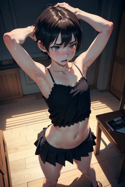 One Woman, alone, alone Focus, Cowboy Shot, Portraiture,, Beaver,((Black Hair)), Short Bob, Very fine eye, work, old Japanese gym clothes、((Bloomers))、 (Small TI quality, Very detailed,Bedroom、Lying in bed