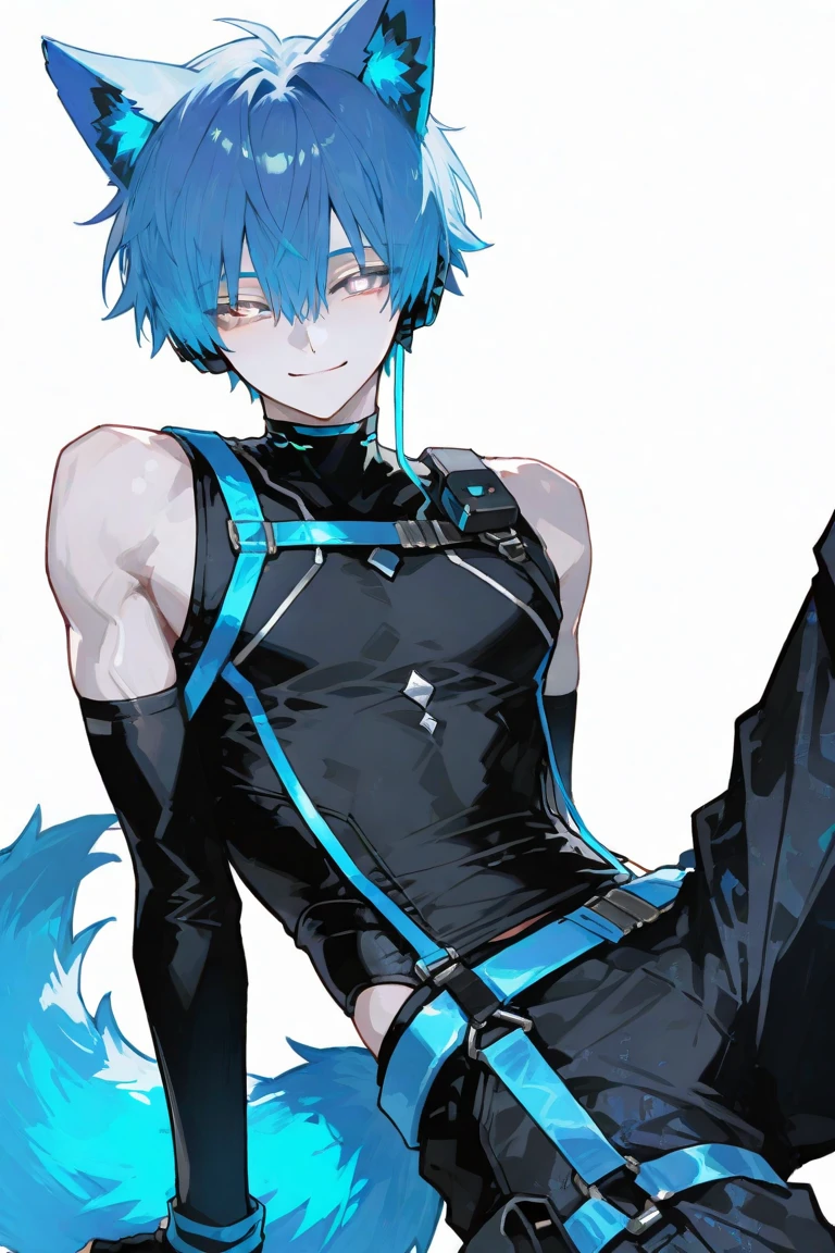 HighestQuali，A high resolution，High rendering accuracy，Blue hair，Furry，White face，tightsuit，skin-tight short-pants，male people，solo person，shoun，Handsome，Background with（cyber punk perssonage），With a combat helmet，16 yaers old，Standing painting，Handsome pose，Blue cat tail，A confident expression，Cat boy。More modes，Battle belt，Red eyes，Black collar。