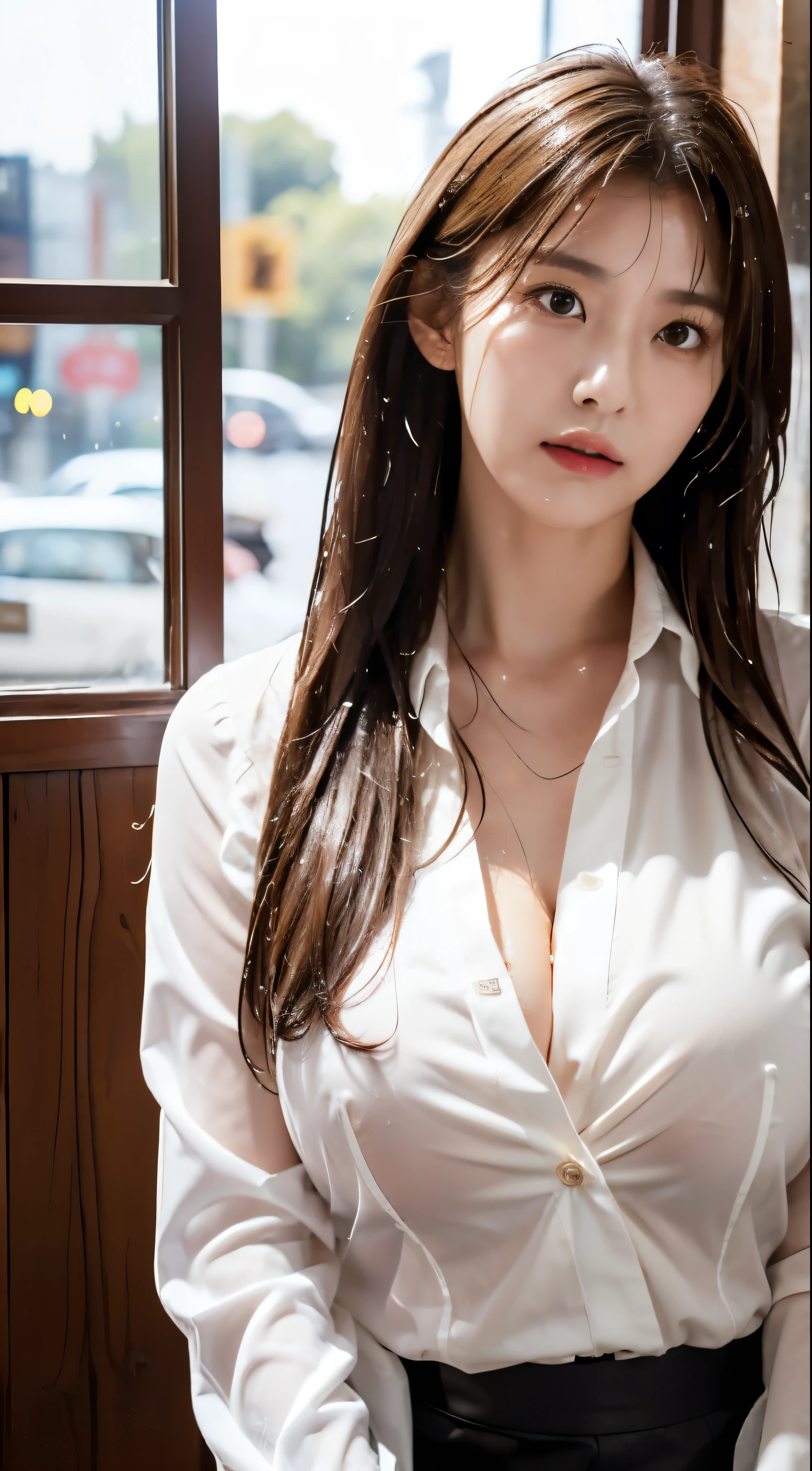 (8K, best quality, masterpiece: 1.2), (Practical, Reality: 1.37), Super detailed, 1 girl, Lovely, Solitary, Beautiful and detailed sky, Detailed café, night, sit, date, ( blush), (Crying emoticon: 1.15), Huge breasts, Cleavage，Beautiful details, (Collared shirt、Wet shirt: 1.3), night, wet, Business Attire, rain, White lace, (Long curly hair: 1.2), Flowing HairNovaFrogStyle,