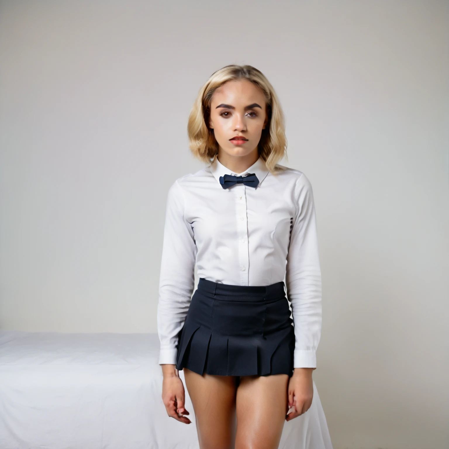skinny, naked very young girl lying on a bed spread legs , mini skirt, blue eyes,, collar, ass