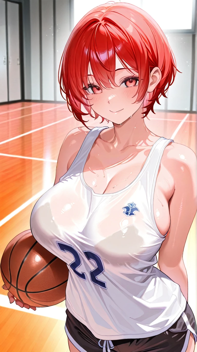 masterpiece, best quality, ultra high res, ultra-detailed, inside an indoor school gymnasium, day, a basket full of basketballs in the background, a gal, slut, (red hair: 1.3), (blue eyes: 1.3), (high ponytail hairstyle: 1.4), (hairy pubic hair: 1.3), (sexy curvy body: 1.5), (big busty tits: 1.6), (basketball tank top of red color: 1.4), (black micro sport shorts: 1.4), (white runner shoes: 1.4), (whore slutting face with ahegao expression and crossed eyes: 1.4), (Moaning with open mouth: 1.5), (she is she is sitting with her legs apart on a blue gym mattress: 1.5), (She is vomiting cum while squirting a huge load of cum from her exposed pussy: 1.6)
