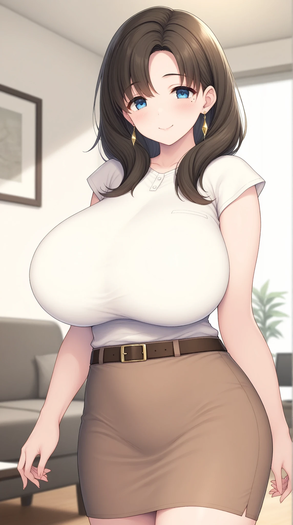 ((masterpiece)), ((best quality)), (ultra-detailed), (realistic), beautiful face, detailed hands, expressive eyes, 1girl, solo, mature female, milf, motherly, huge breasts, narrow waist, wide hips, curvy, straight hair, short hair, brown hair, hazel eyes, collared shirt, denim, jeans, undersized clothes, standing, smile, hands on hips, looking at viewer, indoors
