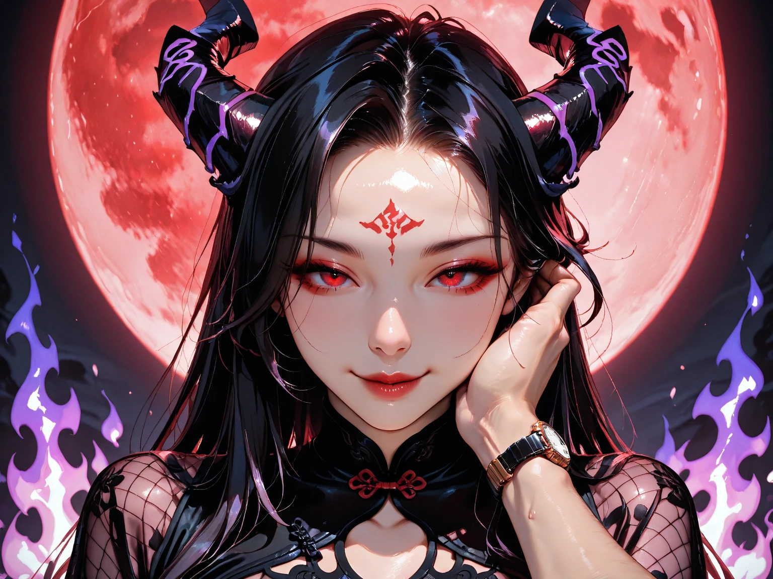 portrait of a Beautiful girl with horns, beautiful face, cat eyes, eyeshadow, volume hair, black sclera, evil, black shiny blouse ish clothing