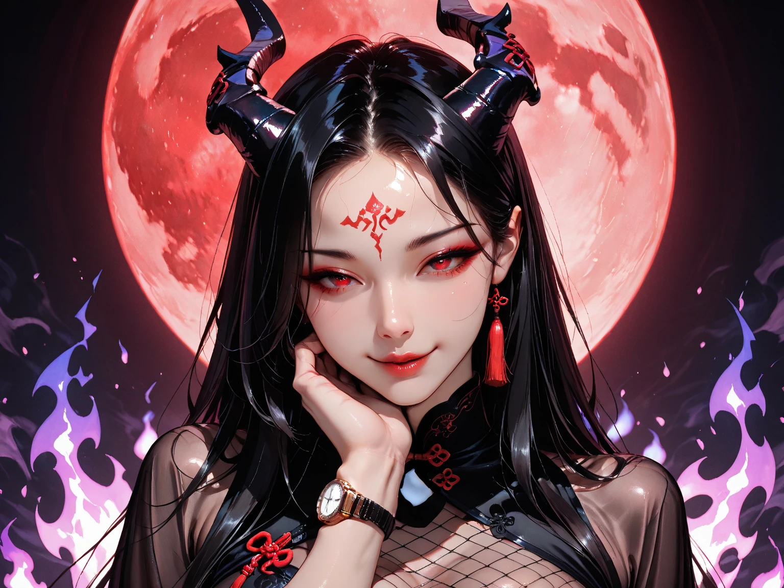 (photorealistic:1.3), masterpiece, best quality, (intricate details:1.2), (scenery:1.3), beautiful face, (black theme:1.3),
(((1girl, a girl in patterned kimono holding a dagger in her hand, (look at veiwer:1.3), (face tattoo:1.2), small oni horn,
))), full body, split in half show pussy