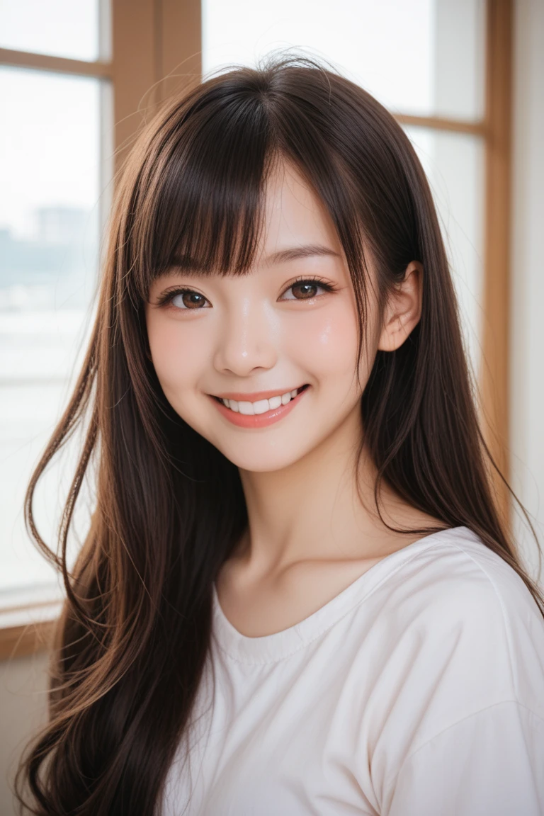 Showing from head to toe、100cmExtra long hair、Skinny Japanese woman, Long silky straight hair, wear (Long sleeve T-shirt:1.3), Standing in a dark room. The walls are painted a soft white. Realistic, Realistic, high quality, Raw photo, Detailed Background, Very detailed, Sharp focus, High resolution, 8K, 超High resolution, Digital SLR, Realistic eyes, Perfect Eyes,Smiling a little、The light is shining beautifully on her hair.