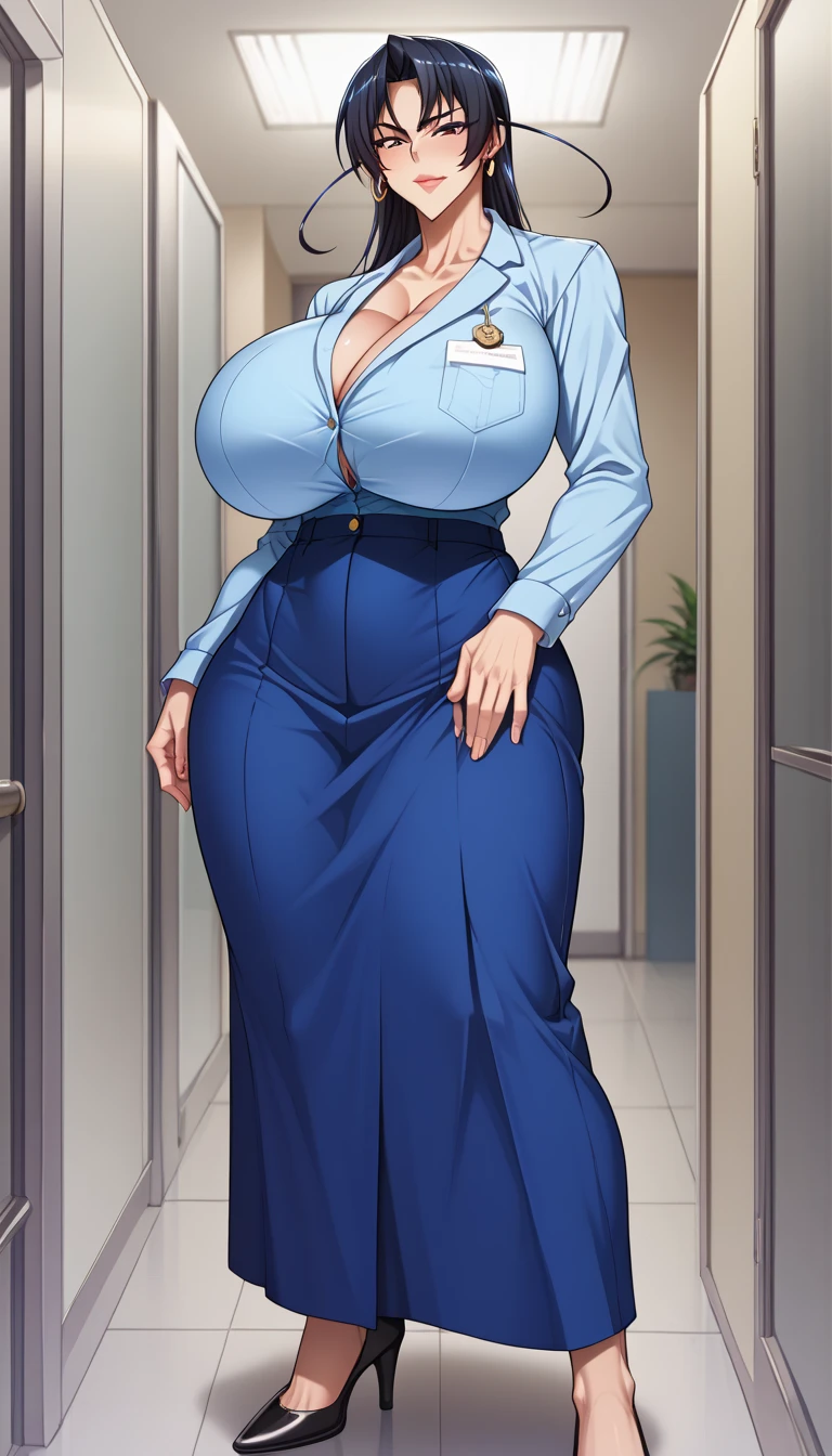 sexy woman sitting on chair, massive , massive breasts, white short hair, blue eyes, earrings, one girl, one woman sitting, hd, best quality, 4k, white shirt, office worker clothes, blue tie, blue long skirt , short hair, tall woman, sweating, see thru, hot steamy, slightly annoyed look, supet hot girl with massive ,