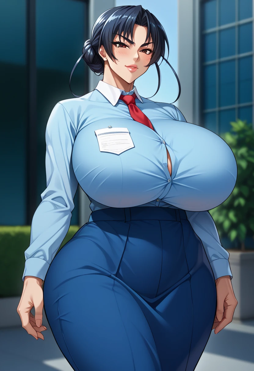 Elegant shorthair、Full body photo、45-year-old office lady、Intelligent married woman、Beautifully detailed hair、Beautiful and detailed brown eyes、beautiful flat chest、Beautiful, clear skin、Medium chest、Office worker uniform、A crew neck cut and sew shirt with a plain blue vest、Woman's wedding ring on the ring finger of her left hand、青色の膝下丈くらいのOffice worker uniformのペンシルスカート、Embarrassed face,surprise,I'm happy and embarrassed