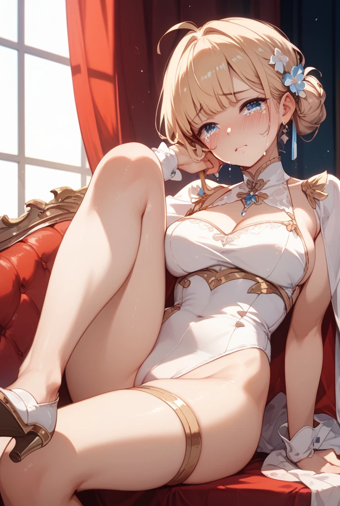 realistic, photorealistic, colorful, great lighting, ultra-detailed, dynamic angle, masterpiece,1lady, perfect face, (bright lighting:1.2),beautiful detailed eyes, extremely detailed face, perfect lighting,masterpiece, best quality,beautiful black short hair, room, sunset, straddle a chair, darkbrown Chinese dress, (White bra), ((White panties, cameltoe)) ,high-heeled shoes, stockings, glasses, ribbon, sweaty, wet body, thighs out, buttocks, large breast, slim, slender, translucent, Embarrassed expression, blush,