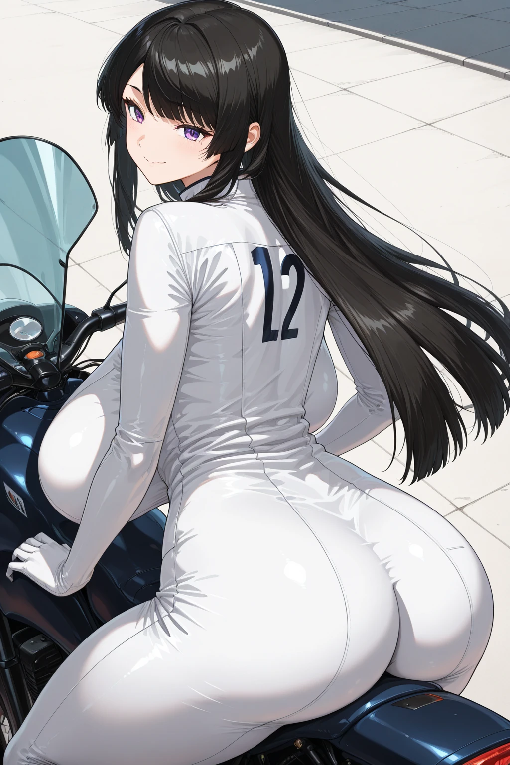 masterpiece, best quality, highres, aawakoto, 1girl, long hair, ahoge, <lora:izumi_wakoto_v1:0.6>, bikesuit, cleavage, ass, from behind, outdoors, motorcycle, cowboy shot, riding,