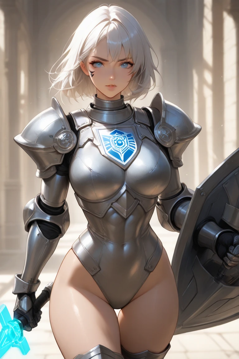 1girl, solo, short hair, blue eyes, white hair, (((muscular))), abs, huge breasts, thick thighs, tundra winter background, finely detailed bikini armor, angry, looking at viewer, ((pale skin))