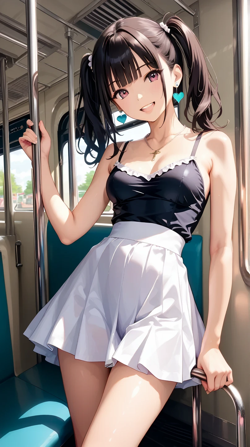 25-year-old Shi Qing，Height 1.75 meters，Slim body，Beautiful appearance。She was wearing a modest skirt and a loose white shirt.，Standing in a crowded bus，Hip skirt can only cover half of the buttocks，Blushing cheeks，Shy and embarrassed expression，The body was pressed tightly against the bus window，Appearing nervous。She has long legs and a slender waist.，The plump buttocks are particularly attractive，Tiptoe，Grab the top pole with one hand，The cuffs reveal the lace bra underneath，Higher hips