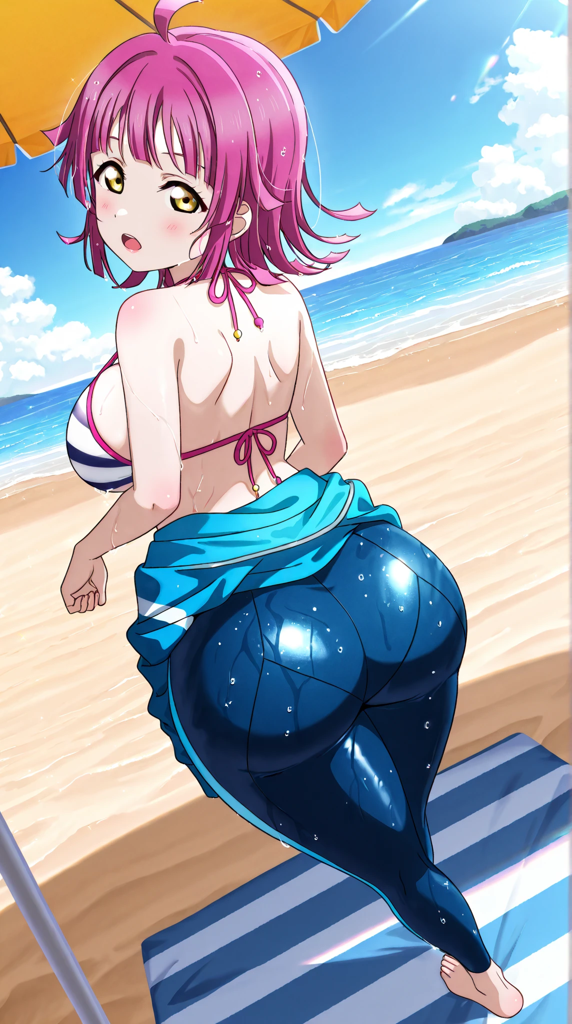 score_9, score_8_up, score_7_up, source_anime, masterpiece, jericho7, 1girl, lavender hair, hair bow, blue swimsuit, lilac thigh highs, sky, blue sky, arms behind back, from below, blush, looking at viewer