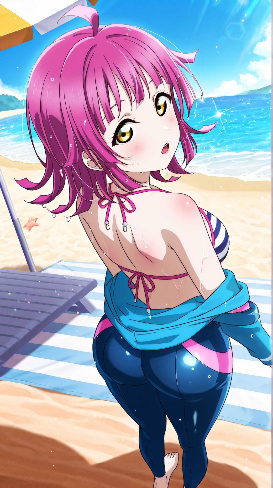"(masterpiece:1.1), best quality, NSFW, (loli:1.5),
1girl, gyaru, (80s anime style:1.4),
brown hair,
(forehead, hair slicked back:1.2), (wavy twintails:1.1),
blue eyes, (thick eyebrows:1.1),
(tan skin:1.1), (small breasts:1.1),
(happy, smile:1.2), (open mouth, tongue out, blush:1.2),
(micro bikini:1.1),
jewelry, hoop earrings, collar, hair ribbon,
(sitting, spread legs:1.1),
(cowboy shot, cameltoe:1.1),
(daytime, beach:1.2)"