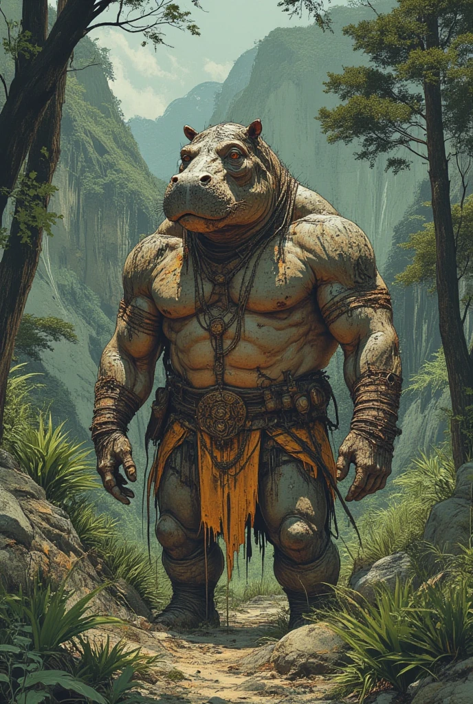 fog:1,3, photography, (expenses: 1,2135), (rough rough skin:1,125) Looks like (rough hard skin: 1,235), ultra-realistic shading, anthropomorphic, dark color, (the rhino :1,3055), photorealistic, Entertaining, (grin:1.1025), (Edward Gorey:1.3355), Huge pectoral muscles, sports, huge shoulder muscles, tribe, warrior, big biceps, (Loincloth:1.15), (bracelets:1.15), (amulet:1.15), thin waist, slender sports man, strong, sports, lake, wet, water, bank, day, rainy