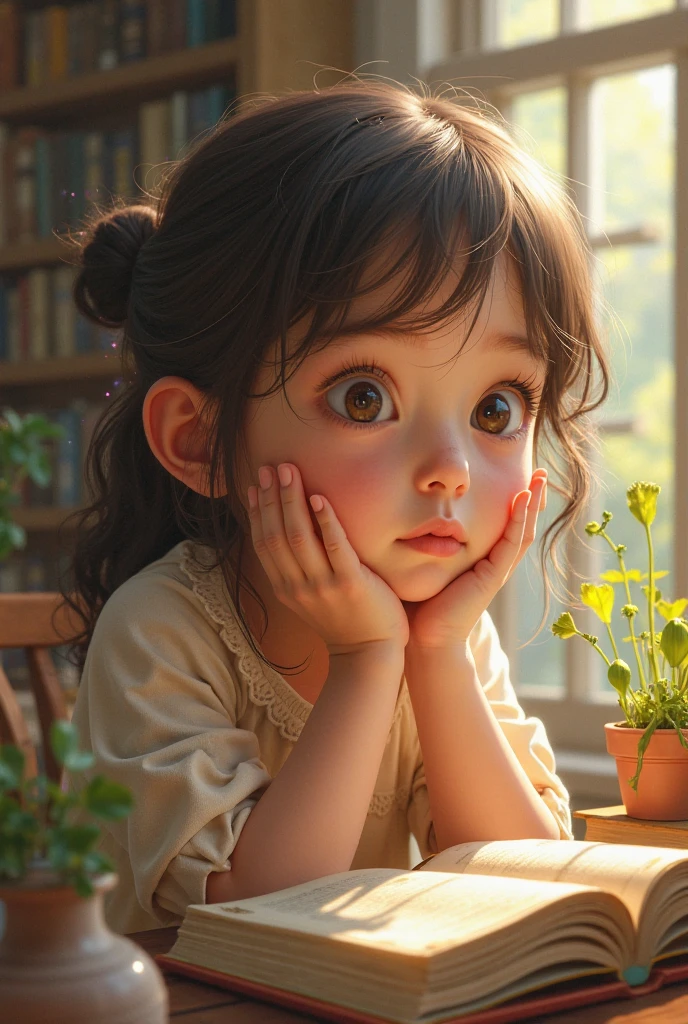 A young girl of 10 years old with curly hair, sitting in a wheelchair, looking out the window with a sense of longing.