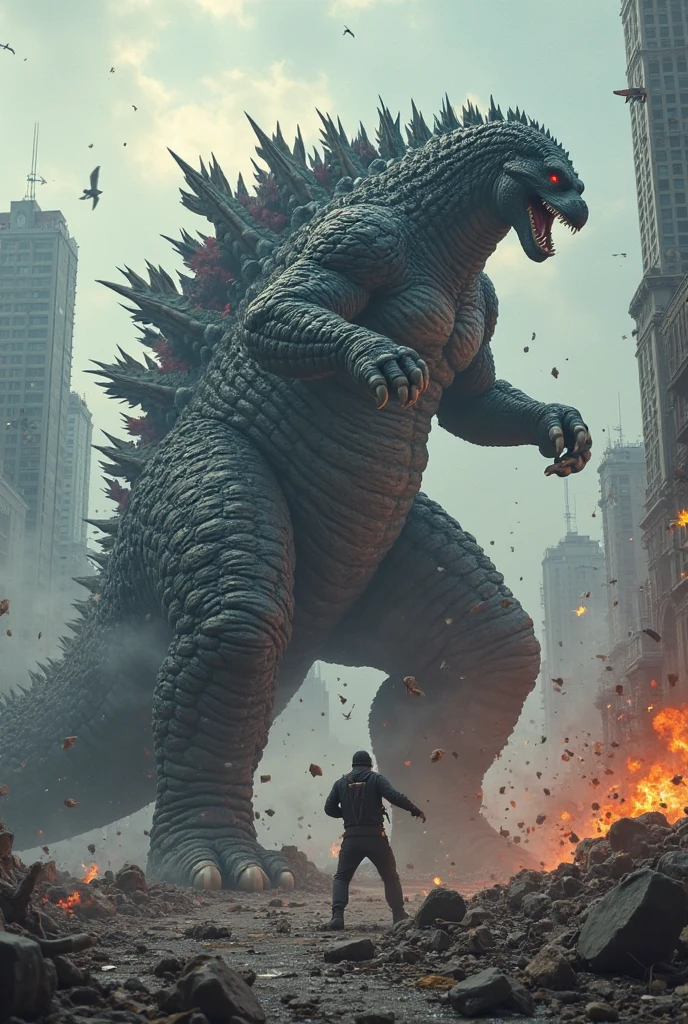 (best quality,4k,8k,highres,masterpiece:1.2),ultra-detailed,(realistic,photorealistic,photo-realistic:1.37),a fierce battle,(Godzilla:1.5) and Kong,(massive,devastating) destruction,(intense,heart-pounding) action,(powerful,earth-shattering) impact,skyscrapers crumbling,roaring and stomping,(giant,monstrous) creatures,chaotic cityscape in ruins,King Kong's gigantic fists,Godzilla's (lethal,burning) breath,fiery explosions,(dramatic,epic) confrontation,buildings collapsing,debris flying in the air,smoke and dust engulfing the scene,ferocious claws and teeth,(tense,suspenseful) atmosphere, adrenaline-filled, colossal force,unleashed power,mythical creatures,vivid colors,lights flickering and dimming,shattered windows and broken glass, intense physicality,monumental strength,earthquake-like tremors,monstrous shadows,terrified onlookers,power struggle,desperate battle for supremacy,unyielding determination (and courage),(action-packed,spectacular) showdown,mind-blowing visual effects,temporary truce between the giants,final clash of two titans.