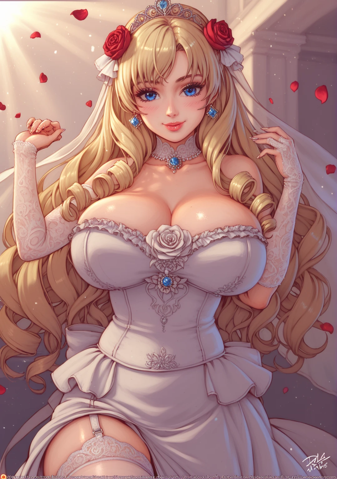 ((masterpiece)), ((best quality)), (detailed), perfect, solo, peach, gorgeous woman with wedding dress, bridal veil on the head, luscious lips, long hair, huge breast, deep cleavage, huge breasts, sexy, lying down