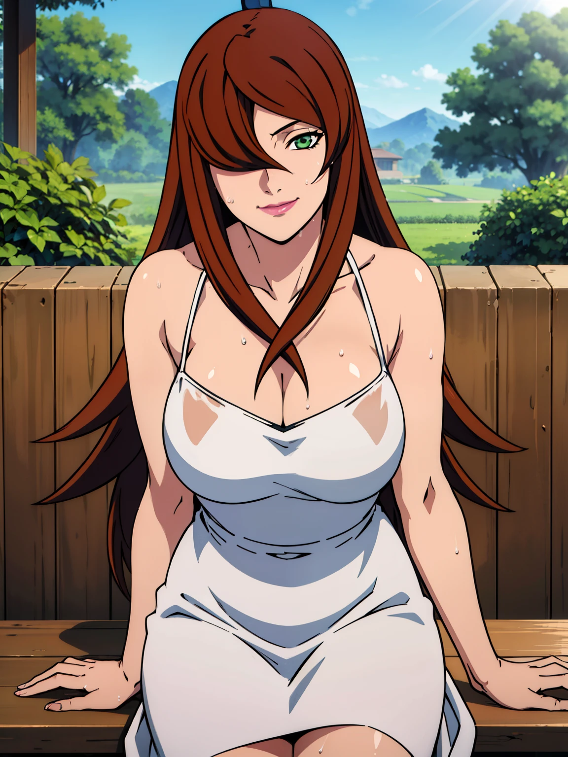 sexy pose, white wedding dress, wedding event outdoor background, mei terumi, takeda hiromitsu style, anime cels style, best quality, high resolution, (huge breasts:1.3), cowboy shot, blush, smiling, slim body, long hair, brown hair, green eyes, ((hair over one eye)), pink lipstick