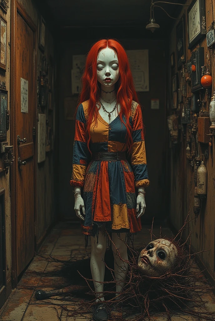 A young woman is trapped in a school with a cursed doll. she has a knife in her hands. She is (terrified and desperate:1.1) as she tries to escape from the doll, The doll is a (creepy and twisted:1.1) version of her best friend,who died in a car accident. The school is (dark and bloody:1.1),and there are some corpses,traps,and messages on the walls. The scene is (horrifying and gruesome:1.1),
<lora:epiNoiseoffset_v2:1>
<lora:GoodHands-beta2:0.75>