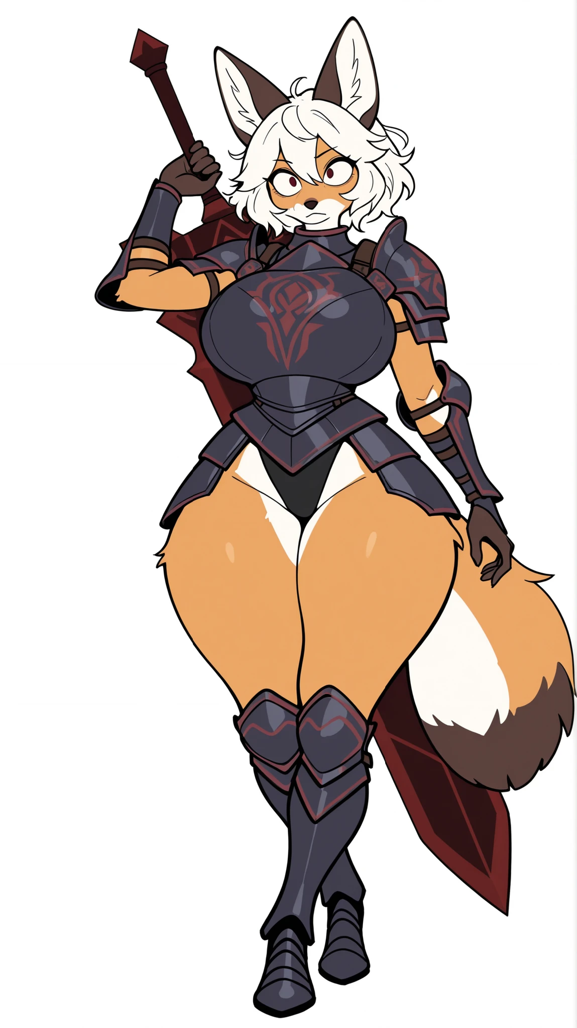 (Fox), anthro, (((wearing crop top))), two toned fur, (wearing armor leggings), ((underboob)), under boob, high detail, white belly, high resolution, raw photo, gray background, 1girl, solo, big breasts, high quality, hi res, sharp, detailed body, detailed, cartoony, ((looking at viewer)), (angry), mad, thick thighs, thin, skinny, full body, whole body, ((full body portrait)), far away, (((full body concept))), attack pose, battle pose, Medieval, rpg, small waist
