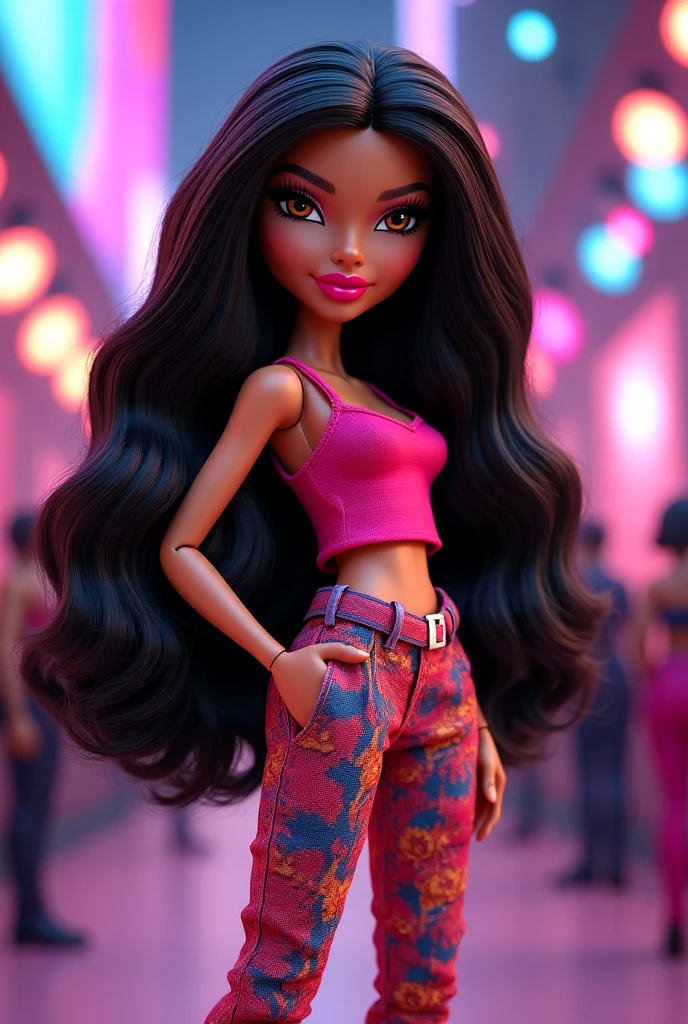 Bratz doll posing as a model, with brown hair and yellow eyes, with music earrings 