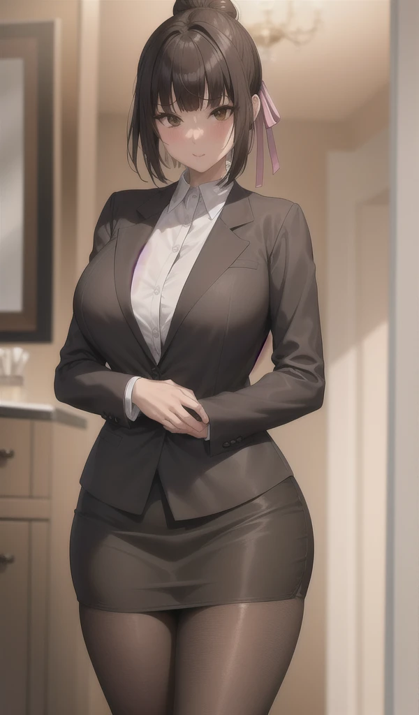 1girl, medium hair, black hair, purple eyes, mature female, hourglass figure, breasts, teacher, shirt, white shirt, skirt, pencil skirt, pantyhose, black pantyhose, belt, choker, cleavage, tall, smile, light smole, collar, button shirt, pixie cut,