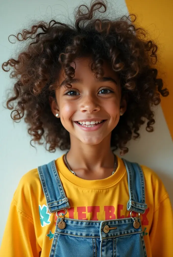 Brazilian teenager with curly hair and vintage style, with clothes that refer to the rip style