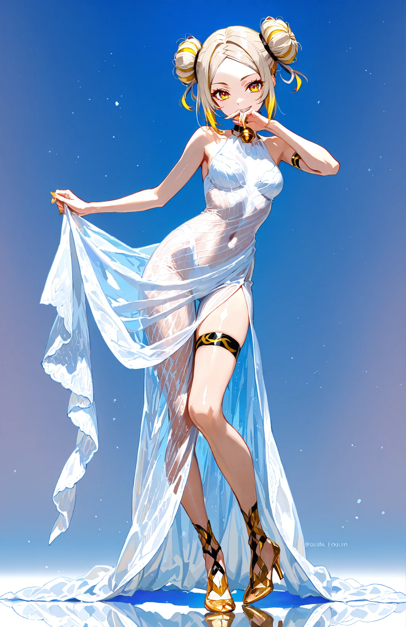Anime style, super fine illustration, super clear illustration, highly detailed, beautiful detailed, super pale tone image, super delicate illustration, super calm & static image, static representation, gentle expression, 8k, pretty 1girl with blonde straight short hair & blue eyes & a bright smile & Big breasts & nipples & soft fair skin is wearing the competitive swimsuit in the swimming pool, happy stories, solo, perfect fingers, no more fingers, no less fingers, perfect arms, no more arms, no less arms, perfect legs, no more legs, no less legs, masterpiece,