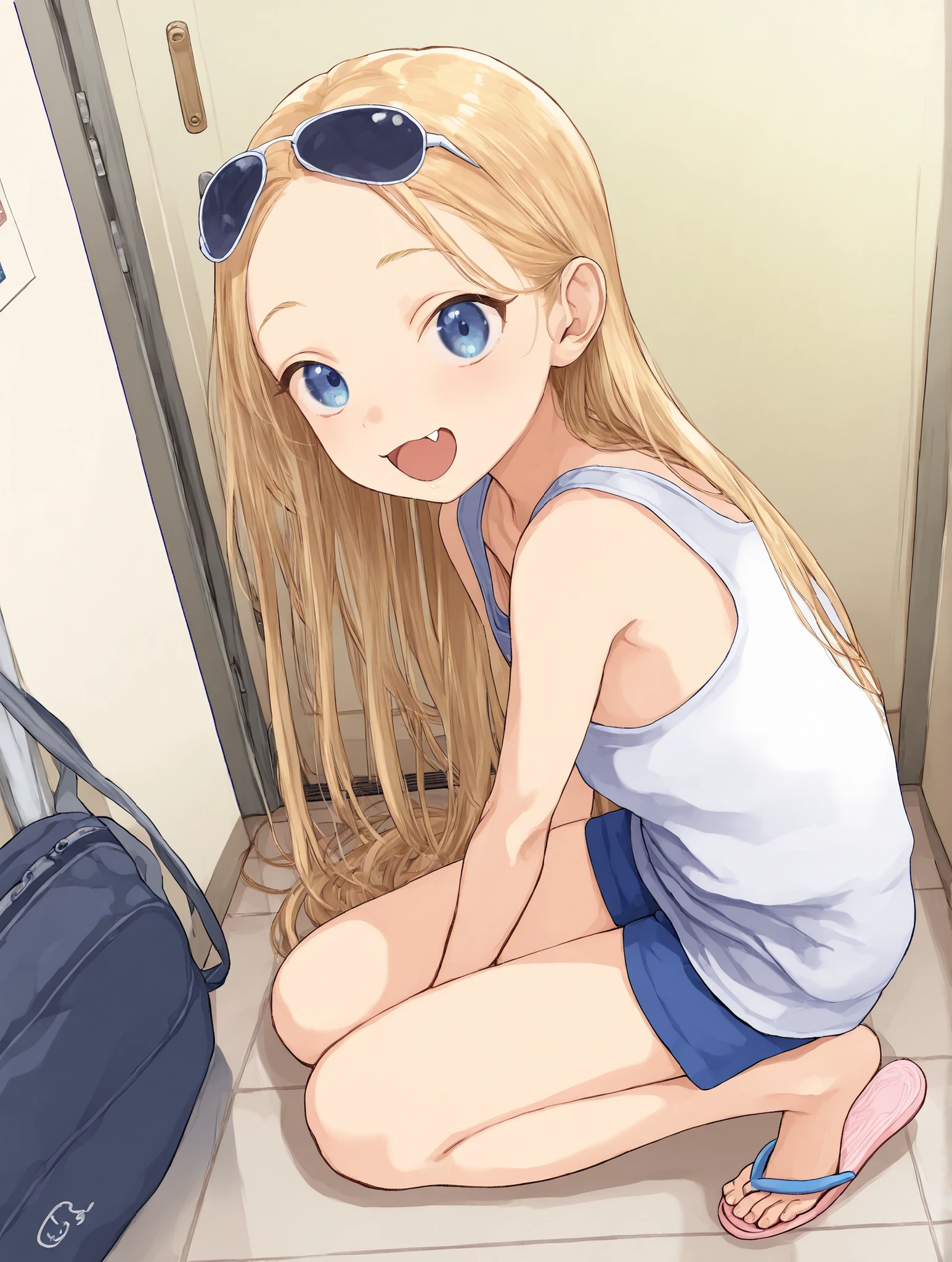 1girl,sashachan, blue eyes, blonde hair,fang, open mouth, smile, long hair, tank top white and blue line , short pants, doors, travel bag, black sun glass on head,in side apartment, Japan apartment, Look at viewer,tile_floor, indoors, tiles,  flip-flops, 