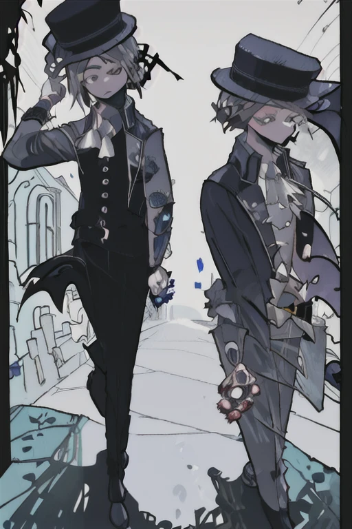 A Drawing with Identity V 2D style, with two boys, In the drawing you can see a: (( Person 1: 17-year-old white and freckled boy, short and wavy dark hair, light brown eyes and a Victorian Steampunk style suit, alchemist type, black gloves and Goggles on his head, He has feminine beauty and looks like a 14-year-old boy; )) + (( Person 2: is a boy 21 years old, with fair skin, messy brown hair is pulled into a short ponytail, with strands of hair sticking up from his head, thin, arched brown eyebrows, and warm grey eyes cross-stitched with black thread, the left of which is swollen purple, with a purplish-grey bruised eyelid obscuring half of his left eye. A tiny fang sticks out the left corner of his grinning mouth, revealing white teeth, He wears a slightly stained prisoner's shirt with a high collar and long, tapered sleeves, skinny jeans, and a leather belt with two satchels attached, in the left of which a hammer, some wire, rope, and a screwdriver are visible, and in the right of which a small wrench is visible. He also wears buckled leather boots with matching boot garters buckled up to his knees, and around his neck is a large metal shackle with a broken chain dangling from it. He also wears stained, filthy light grey cotton gloves with haphazard white stitching and thick cuffs. White linen bandages wrap around his neck and left forearm. A tear is visible in his left forearm, showing cotton stuffing. )) Person One is on top of Person 2 since he accidentally fell on top of him... Person Two is very surprised!; ((The background is a disorganized Victorian Steampunk workshop.))
