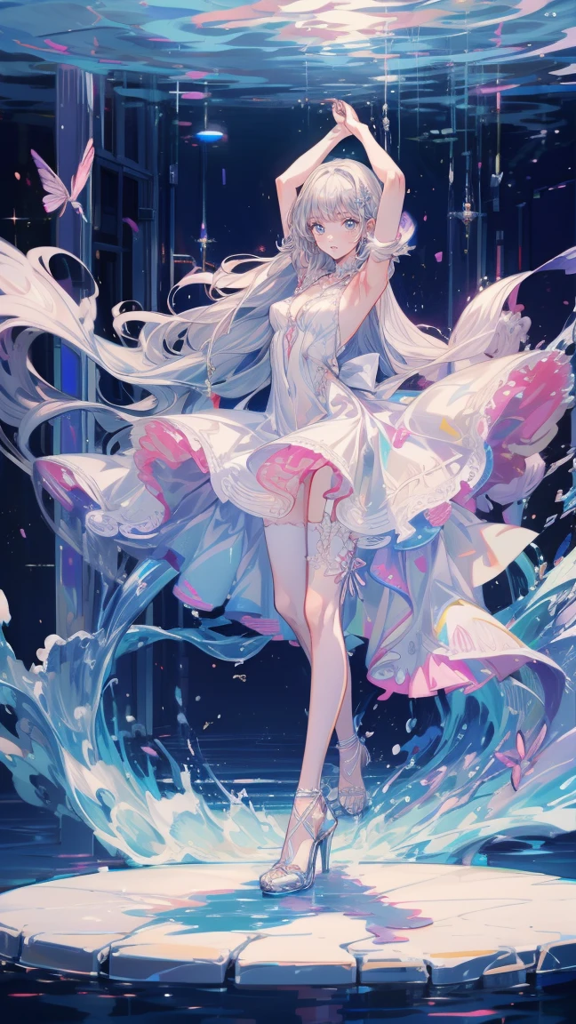 ((masterpiece, best quality)), Delicate face，goddess，cloud顶天宫，cloud，whole body，Long legs，Standing，dark skin，Perfect body proportions，Handsome short hair，Nice pink eyes，Fantasy style，Extremely beautiful，Pure white background，transparent，Large Breasts，nude，chain，sexly