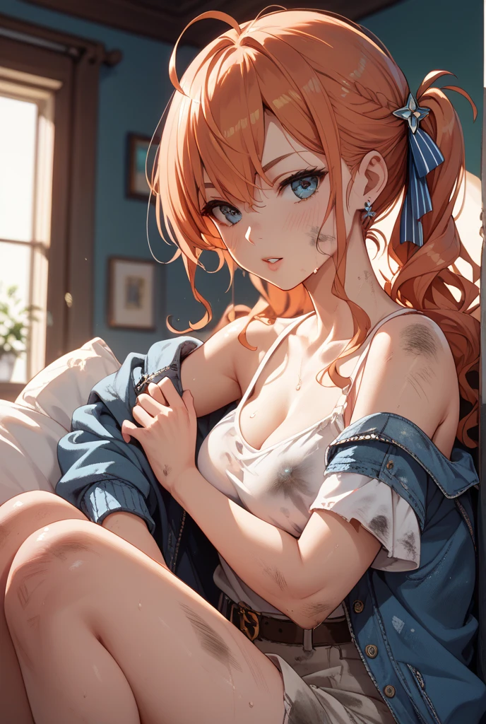 The upper part of the body、an oil painting、​masterpiece、top-quality、hight resolution、Orange hair、Tired hands on your knees、cleavage of the breast、Dotted bra、Dotted panty、distressed face、Sweaty skin、school ground、blue-sky、tiny chest、