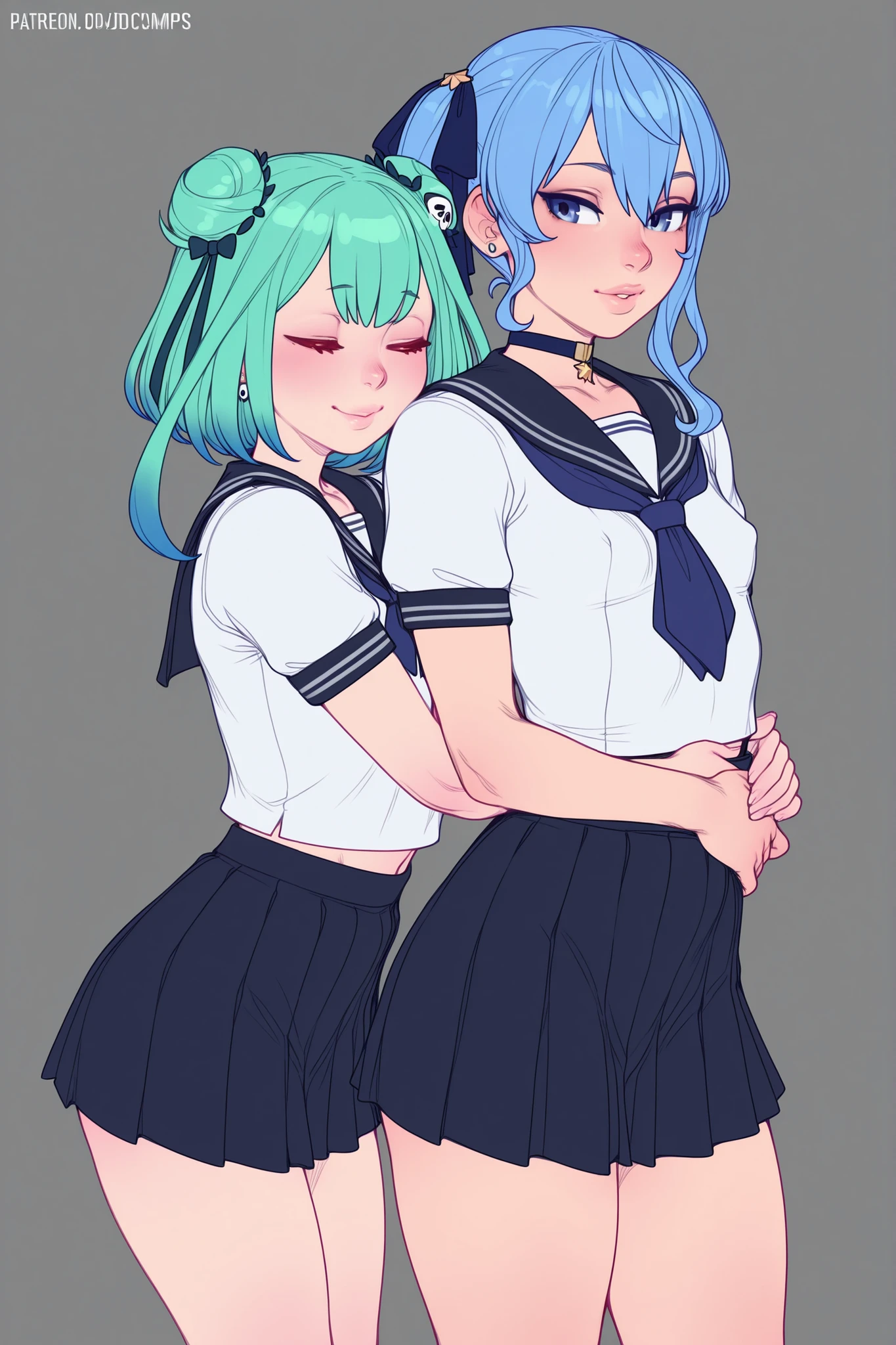 masterpiece, best quality, ultra-detailed, 2girls, suisei hoshimachi, uruha rushia, small breasts, slender, serafuku, hugging, art by djcomps