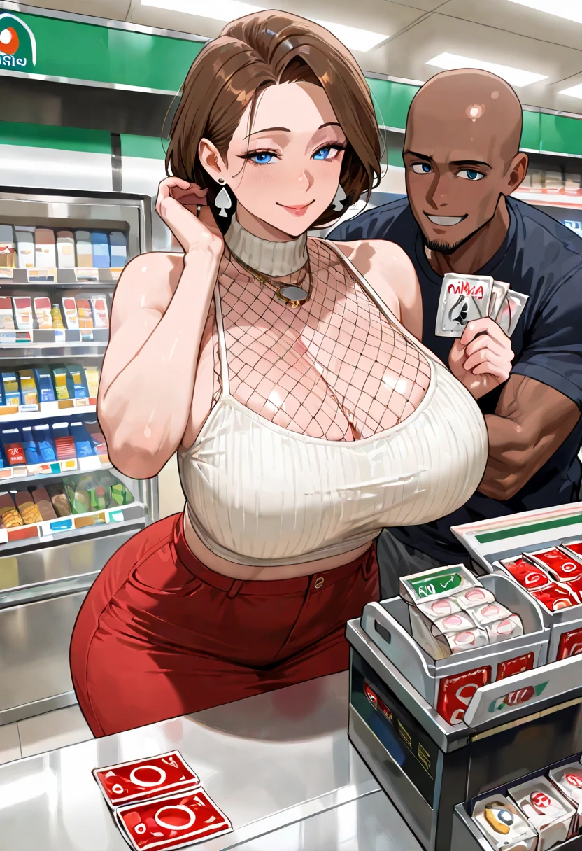 masterpiece, high definition, (((one naked girl with annoyed face and old man holding each other in supermarket))), close up, portrait,  inside supermarket, crowd of mechanics in background, crowd of mechanics in background, crowd of mechanics in background, naked girl with large breast and nipple and vagina and very short black hair and and blue eye and headband and pink lipstick and wristwatch