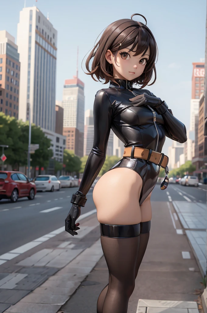 1girl, medium breasts, leotard, bare legs, tight belt, boots, gloves, city backdrop, solo, single, hands on hip, standing, full body shot, cowboy shot, superhero, beautiful detailed eyes, power, mature lady
