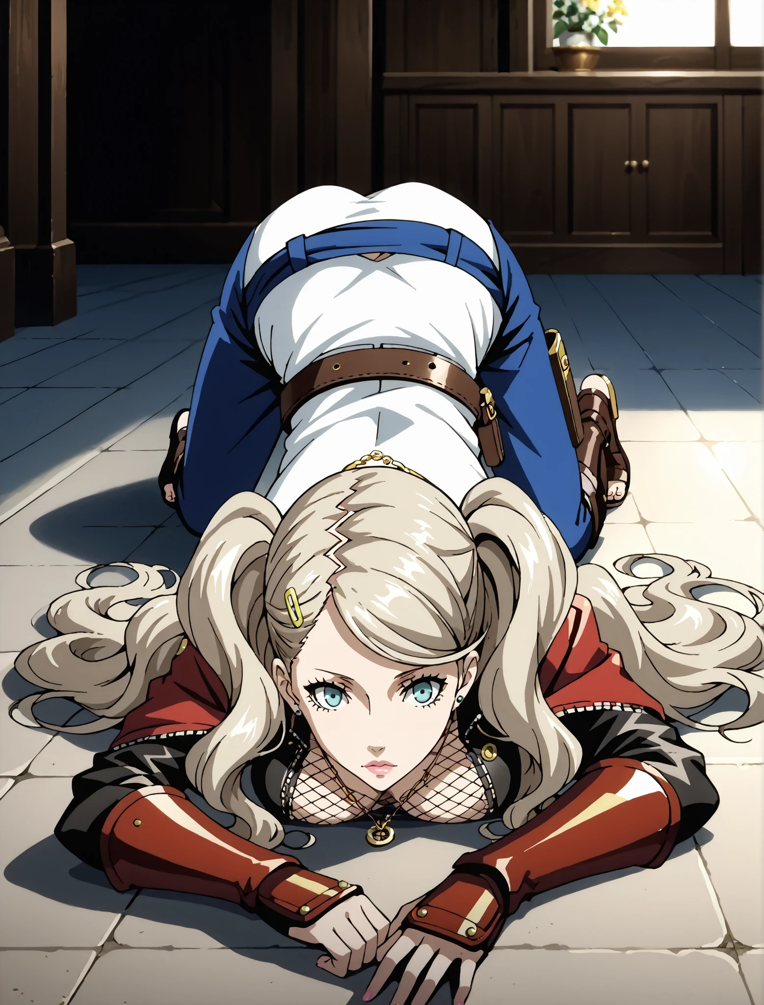 score_9, score_8_up, score_7_up, source_anime, 4K,perfect fingers,(perfect hands, perfect anatomy),prefect lighting, very aesthetic, intricate details,highly detailed background, masterpiece, high quality, best quality,
ann takamaki, blonde hair, blue eyes, hair ornament, hairclip, long hair, swept bangs, twintails, wavy hair, anime screencap ((large breast:1.3)),
wearing ((open jacket, fishnet top, necklace, skirt, shin guards, belt, fishnets, toeless footwear, )) ,,
((A sagging breast)), ((from behind:1.3)), ((top-down bottom-up:1.5)),