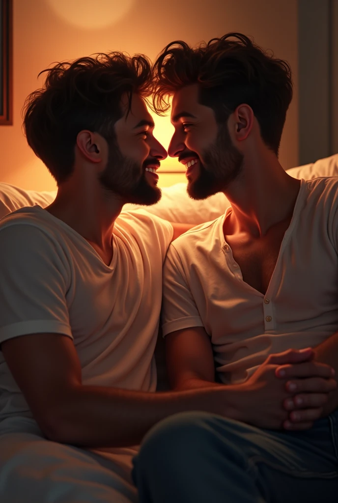 Gay couple, with a black man (groom) and a brown man with short hair (bride) hugging in bed shirtless