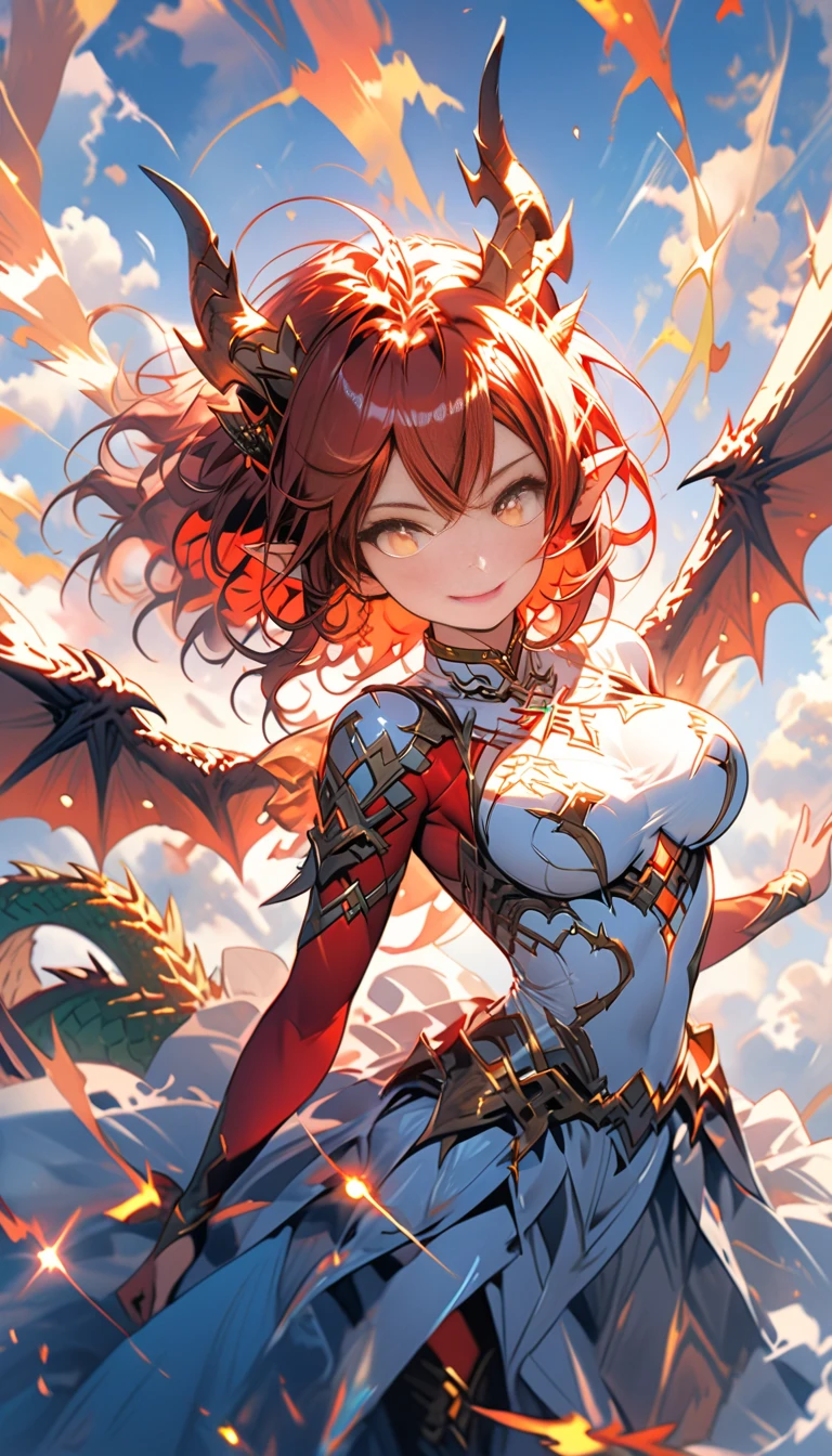 Anime, 1 girl, red hair, short hair, blue eyes, Yellow glowing eyes, Abdominal pain, The light sparkles beautifully., Beautiful fair skin, Guillotine Cross Set - Ragnarok Online, Sit back and relax., Hand holding a round red glass bottle of water, drink red juice, red nectar (Skull-shaped round bottle), Drug research is being done, medicine bottle, friendly, Magical light, Sharp picture, Beautiful detailed pattern