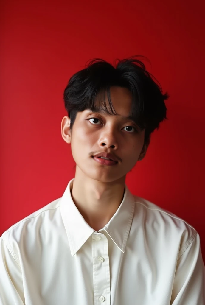 A handsome young man with a striking resemblance to a popular K-pop idol sits pensively, his gaze fixed upon us. He wears a crisp white shirt, complete with a collar and short sleeves, and a pair of stylish glasses. His short brown hair is neatly styled.