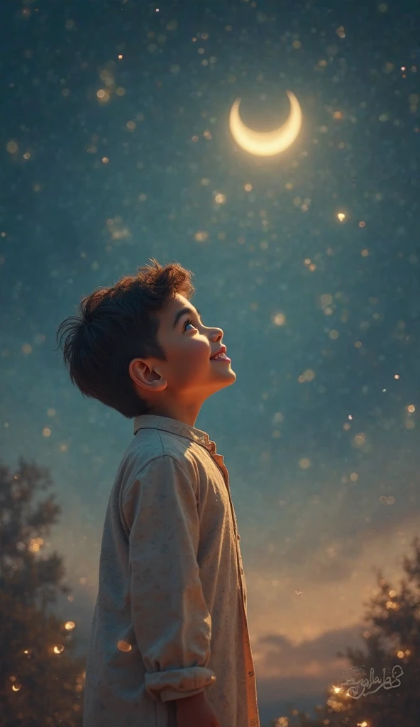 Crie uma imagem de um menino de 10 anos apaixonado pelo universo, where he is looking at a starry sky --air 16:9 estilo disney, Motor irreal, circunstanciado, ultra high def, Chibi, corpo inteiro