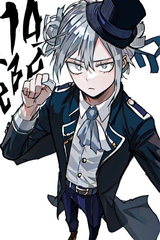 A 19 year old boy, To stay (black clover), spiky hair, messy hair, hair between eyes, White hair, green eyes, black headband, thin arms, upset expression, Un chaleco blue suit with fine stripes, Una camisa de vestir azul claro con las mangas remangadas hTo stay los codos, Pants matching the vest, blue suit with fine stripes, He wears a watch on his left wrist, You can see many tattoos on the forearms, elegant and casual clothing, epic hike, blood on more hands, alone, purple background