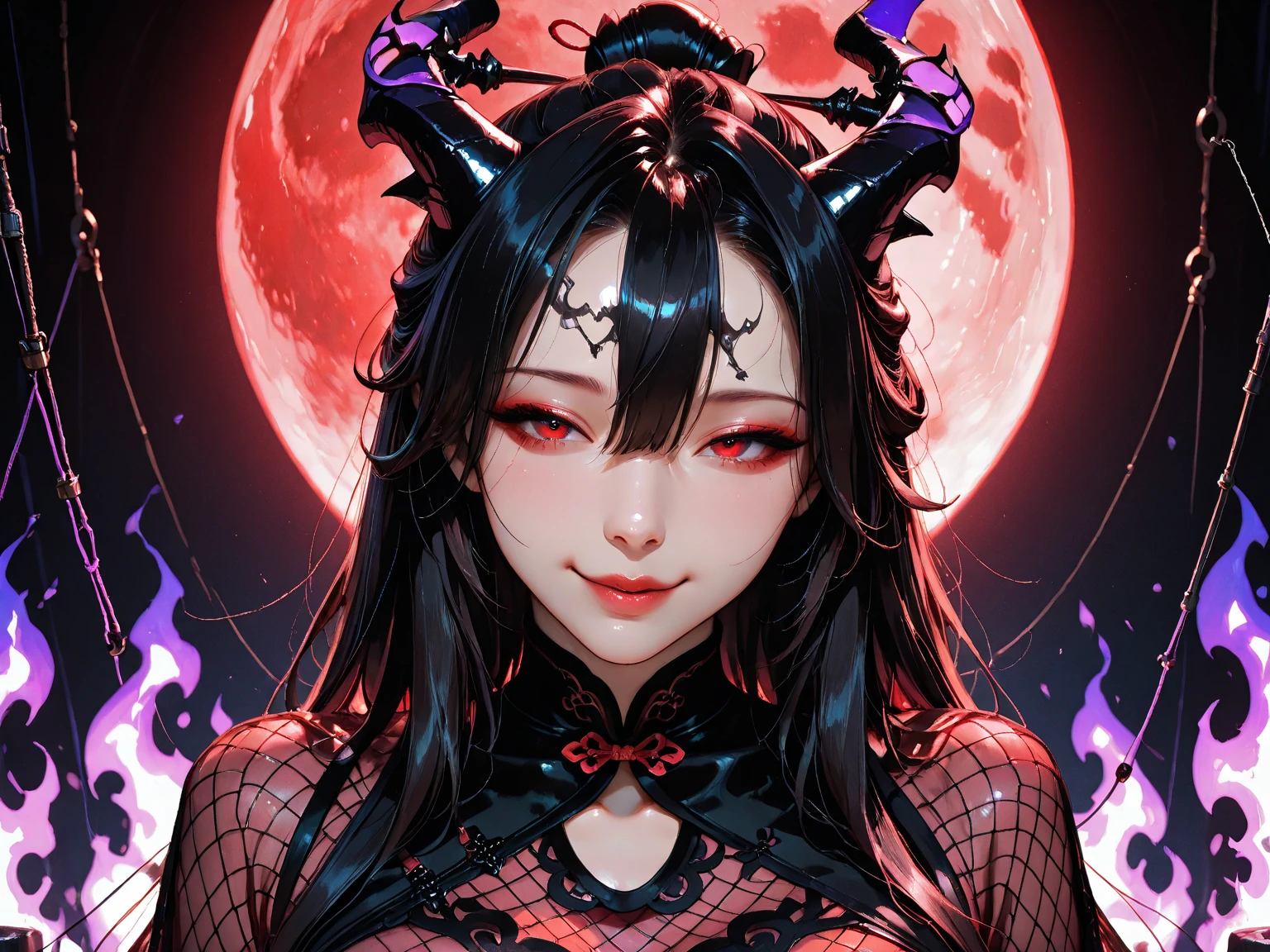 anime succubus girl, dark pin hair with black bangs, horns, ultra realistic