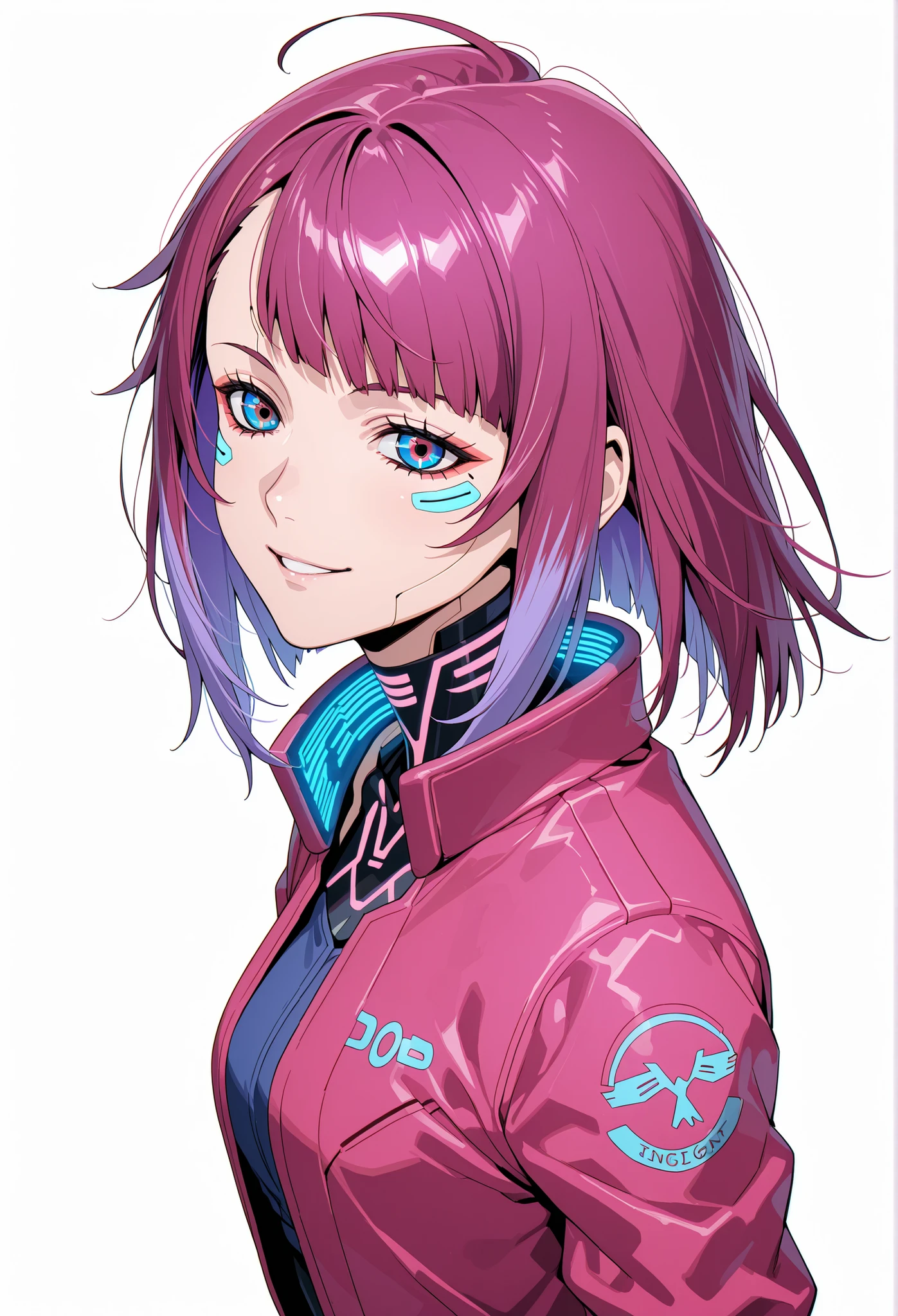 DOPE CYBERPUNK ANIME JAPAN ANDROID GIRL FEMALE V ON THE WHITE BACKGROUND, FULL OF DETAILS, CHARISMATIC, INTELIGENT RED PINK PURPLE, REBEL