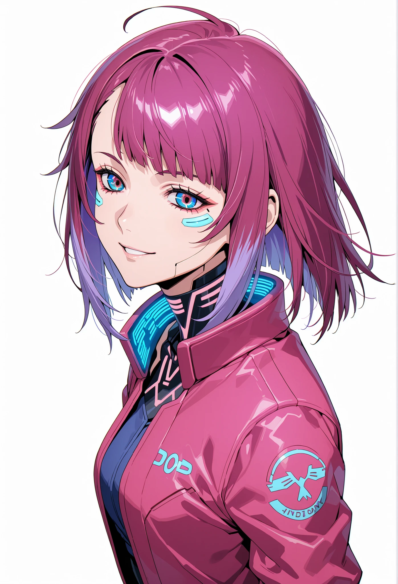 DOPE CYBERPUNK ANIME JAPAN ANDROID GIRL FEMALE V ON THE WHITE BACKGROUND, FULL OF DETAILS, CHARISMATIC, INTELIGENT RED PINK PURPLE, REBEL