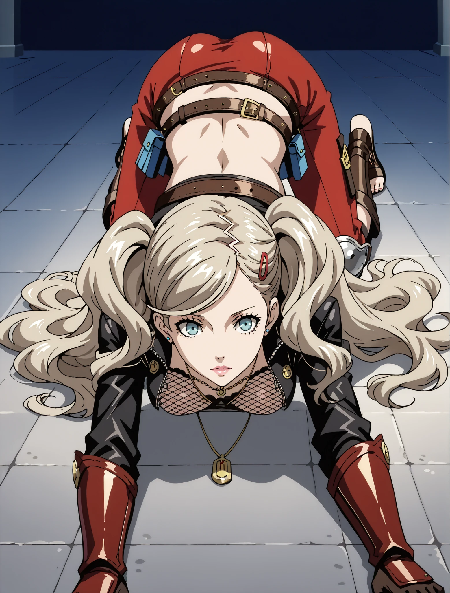 score_9, score_8_up, score_7_up, source_anime, 4K,perfect fingers,(perfect hands, perfect anatomy),prefect lighting, very aesthetic, intricate details,highly detailed background, masterpiece, high quality, best quality,
ann takamaki, blonde hair, blue eyes, hair ornament, hairclip, long hair, swept bangs, twintails, wavy hair, anime screencap ((large breast:1.3)),
wearing ((open jacket, fishnet top, necklace, skirt, shin guards, belt, fishnets, toeless footwear, )) ,,
((A sagging breast)), ((from behind:1.3)), ((top-down bottom-up:1.5)), on floor,
