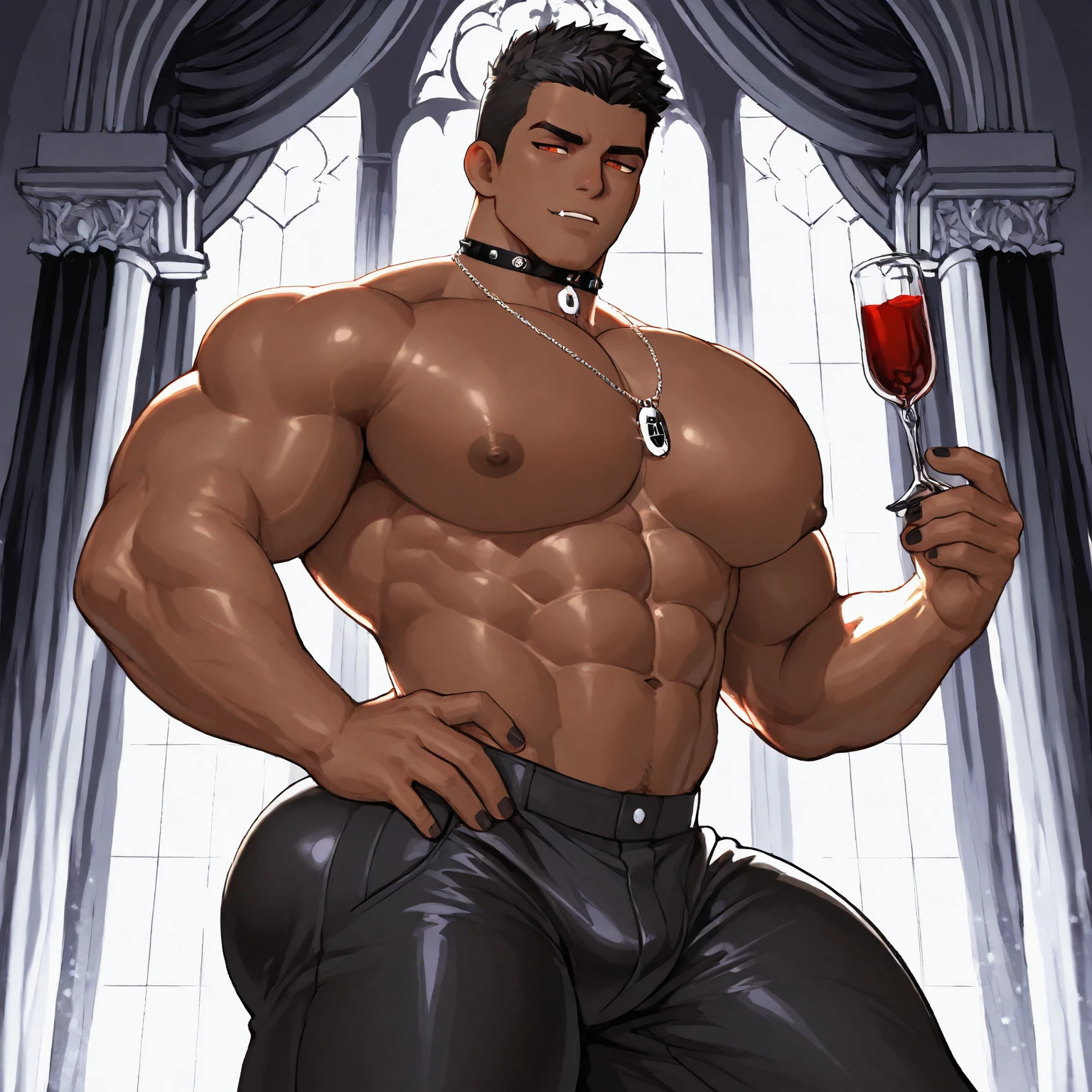 1boy, male, nude, muscular, Brown skin, tanned skin, abs, standing, femboy, flat chest,  arms behind back, his arms are not visible and are behind his back, dmug grin, lyney, solo, solo focus, restaurant setting, short messy jet black hair, penis, large penis, big penis, horse cock, erect horse penis, presenting penis